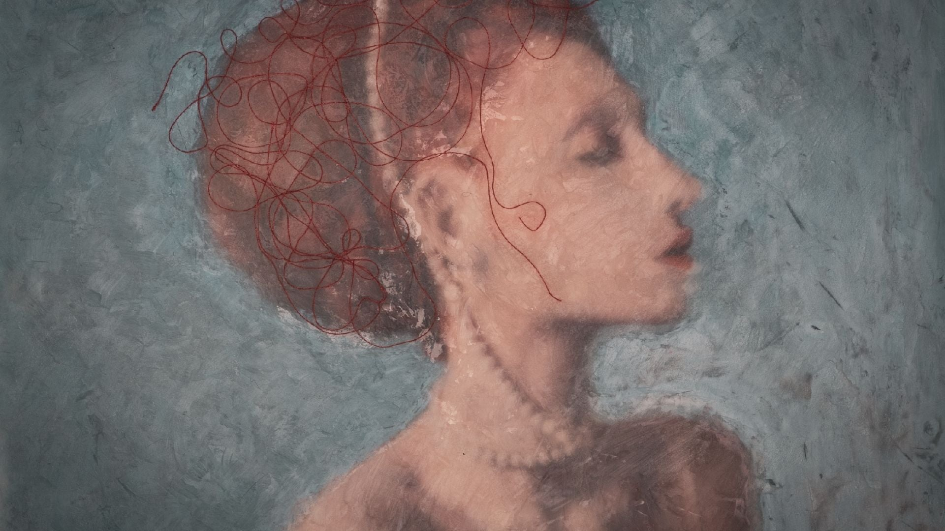 Profile of a woman with red thread-like hair on a textured blue-grey background, blending soft painting and delicate detail.